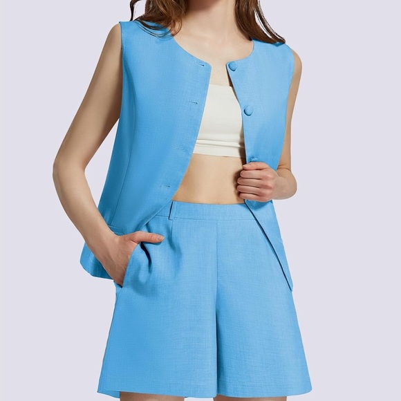 Elegant Sky Blue Sleeveless Women's Pantsuit - Picture 5 of 5